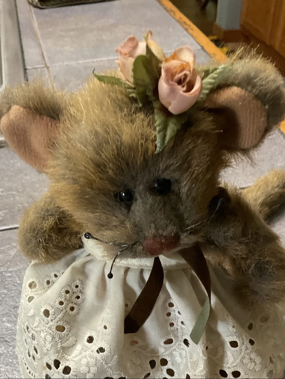 Plush Brown Mouse Toy with Cream Eyelet Dress and Rose Accent 1996